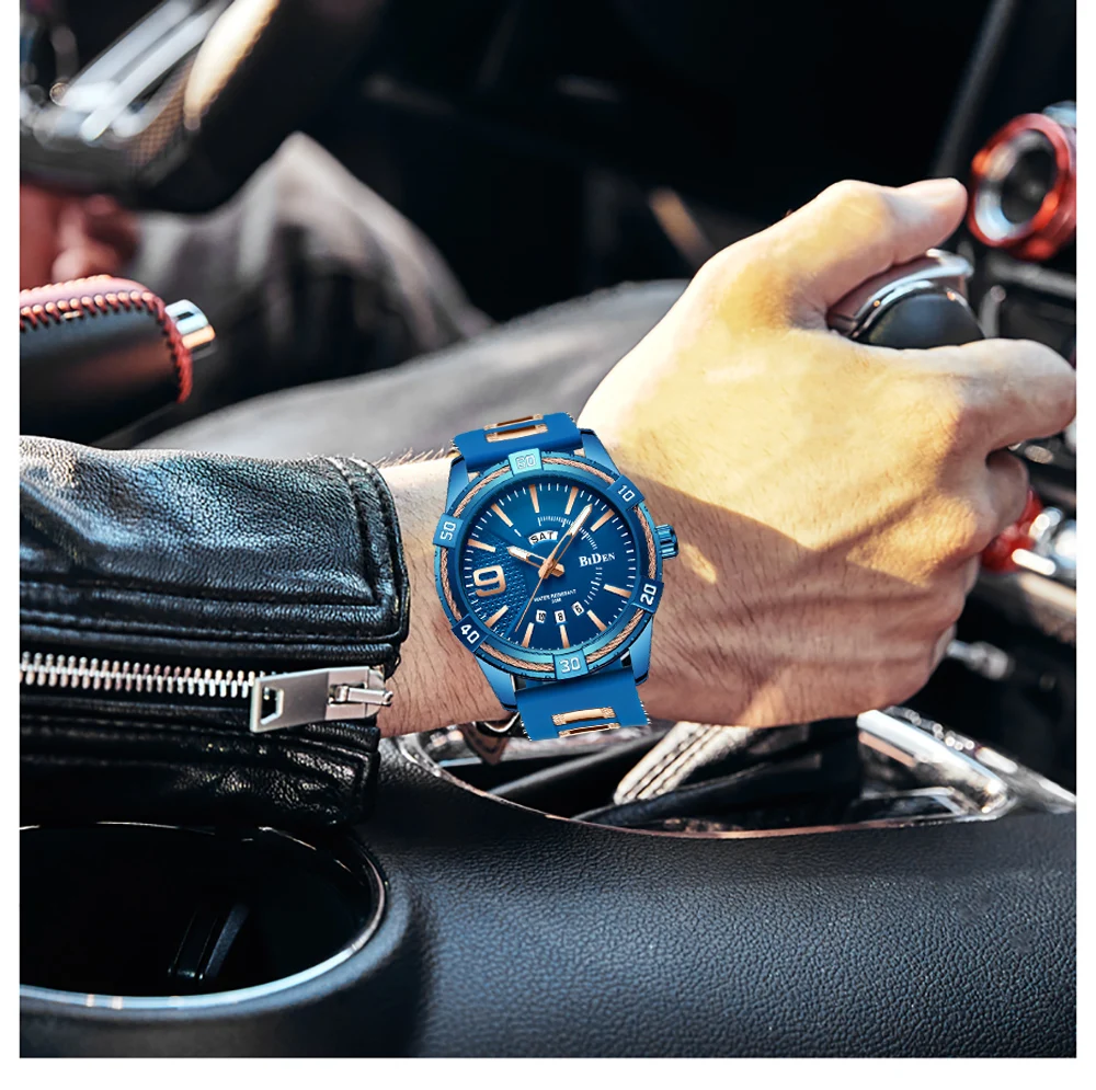 

BIDEN New Brand Top Fashion Luxury Blue Golden Sport Men Watch Stainless Steel Casual Cool Male's Wristwatch 30 Meter Waterproof