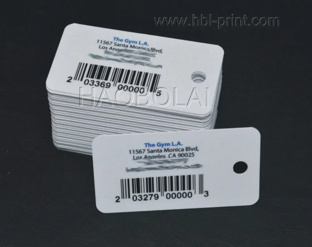 plastic key tag card with inkjet barcode 54*28*0.5mm hole punched