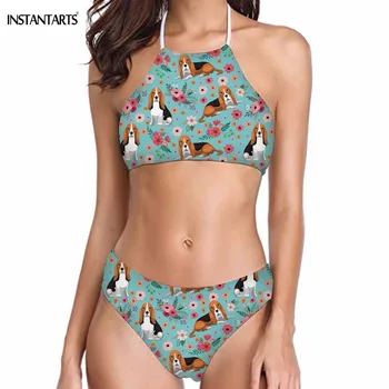 

INSTANTARTS 2019 New Halter Bikini Set Funny Dog Basset Hound Floral Pattern Woman Swimsuits Beach Push Up Swimming Beachwear