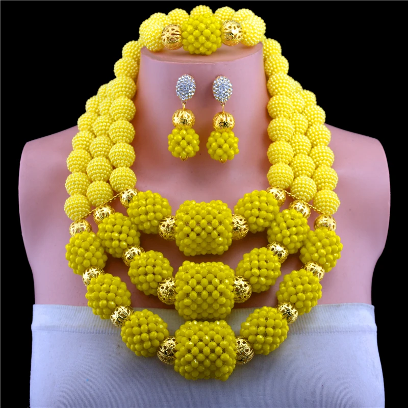 Fashion Nigeria Wedding African Beads Jewelry Set Yellow Crystal