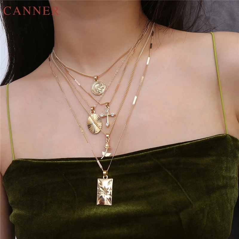 

Layered Chain Necklace Women Rectangle Coin Cross Pendant Necklace Gold Silver Boho Jewelry collier femme Christian Gifts C40