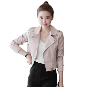 

Spring Autumn Leather Jacket Women Fashion Slim Long Sleeved Turn-down Collar Pu Coats 2017 Biker Moto Black Faux Leather Jacket