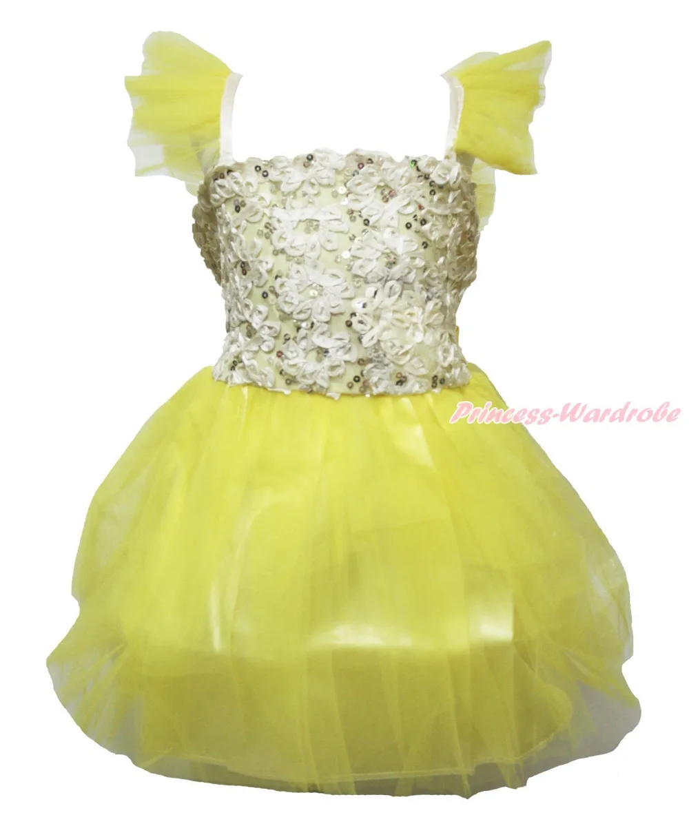 

Yellow Bling Sequins Flowers One Piece Girl Party Dress Kids Costume TuTu 1-8Y MADRE0084