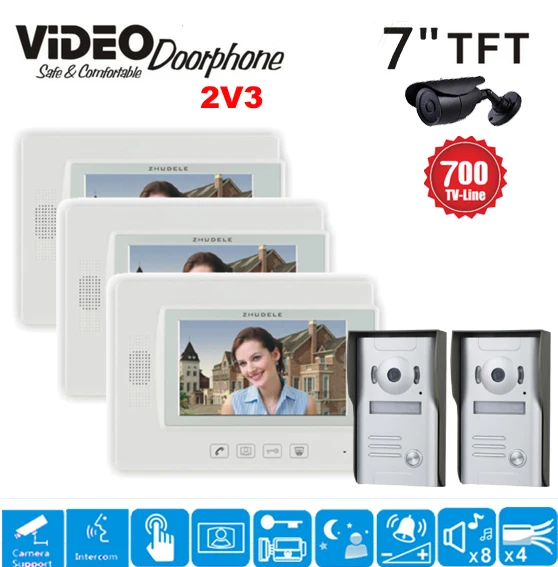 

ZHUDELE 7 Inch 2 Video Door Phone Doorbell 3 LCD Monitor IR Camera Night View 92 Wide Angle 2V3