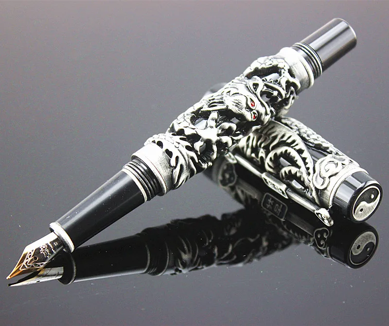 NOBLE JINHAO ANTIQUE SILVER AND BLACK DRAGON AND PHOENIX 18KGP FINE NIB FOUNTAIN PEN BUSINESS OFFICE BEST GIFT TAIJI ON TOP