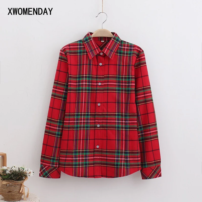 

Plaid Shirt Women Turn-down Collar Casual Slim Button Cotton Collar Shirt Oversized Regular Shirt Femme 2019 Office Tops 5XL