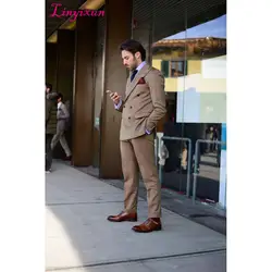 Linyixun 2017 последние конструкции пальто брюки коричневый мужской костюм пиджак Slim Fit смокинг жениха Для мужчин костюмы на заказ Пром Блейзер