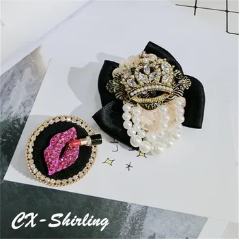 

CX-Shirling Women Pearl Crown Brooch Pin Antique Sexy Red Crystal Lip Brooch Pin Needle Korea Fashion All Match T-Shirt Coat Pin