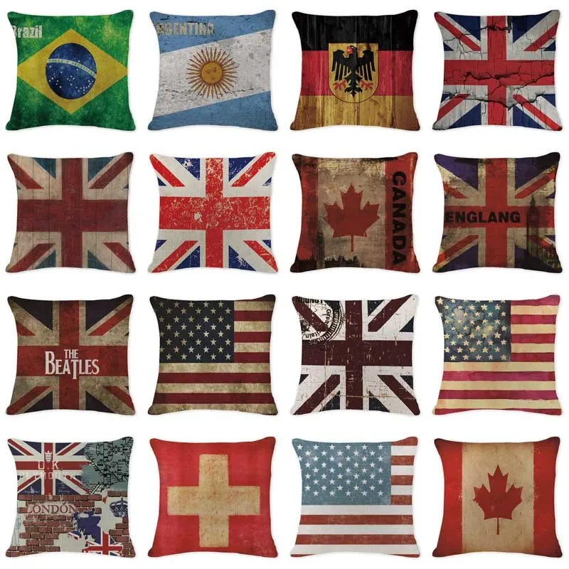 

Hot Sale Pillowcase Shabby Chic National Flag Europe Throw Pillows Farmhouse Large Cotton Linen Home Decor America Pillow Case