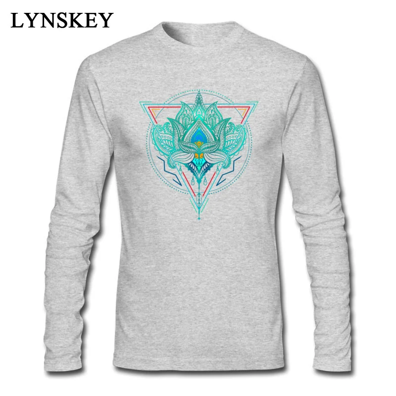 Slim Fit Casual Long Sleeve T Shirt Summer/Fall O-Neck 100% Cotton Tops T Shirt for Adult Printed Sweatshirts Top Quality Lotus The Flower Of Life in Triangle grey
