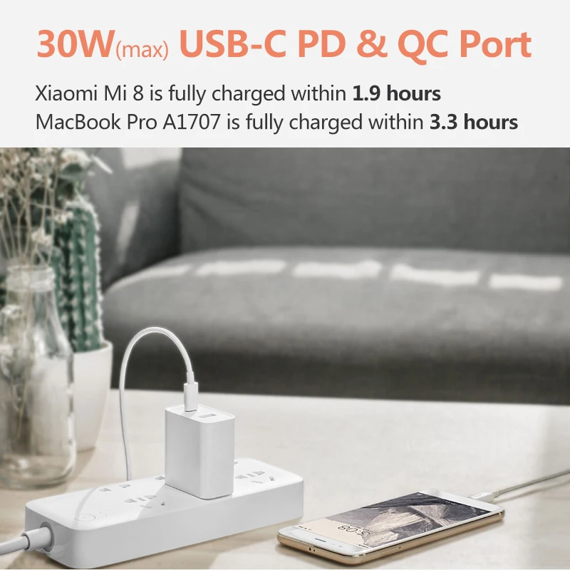 Оригинальное зарядное устройство USB Xiaomi 1A1C 30 Вт макс смарт-выход PD 2,0 QC 3,0 Быстрая зарядка type-C 5 В = 3A 9 В = 3A 15 В = 2A 12 В = 2,25 A type-A