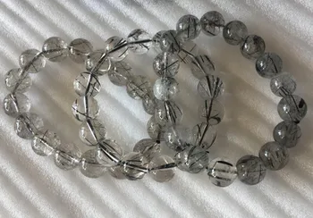 

FREE SHIPPING Natural Black Rutilated Quartz Crystal Beads Bracelet 12.5~14 mm AAA