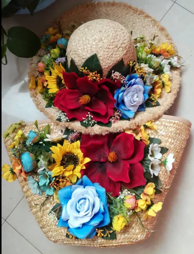 

Handmade Beach bag straw pack lafite straw hat set flowers retro Chinese wind shade vacation