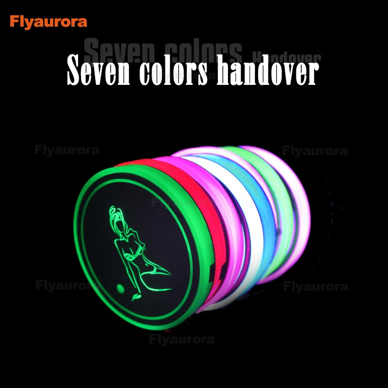 

2 Pieces LED Cup Holder Pads Light Mats Bottle Coasters 7 Colors Car Logo LED Atmosphere Light Sexy Girls Sticker Beauty