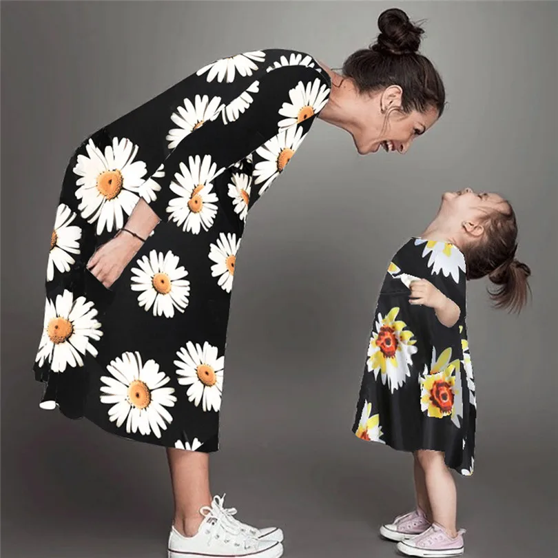 Beach Dresses Mommy Daughter Women Long Sleeve Dress SunFlower SunDress Lady Family Matching Clothes Dropshipping #F#40AT1311