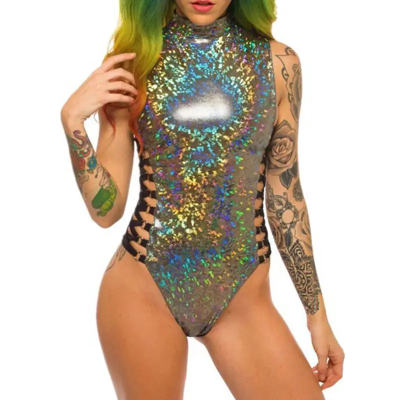 

Womens Sexy One Piece Bikini Hologram Rainbow Colorful Bodysuit Metallic Rave Festival Turtleneck Rompers Criss Cross Strappy Ba