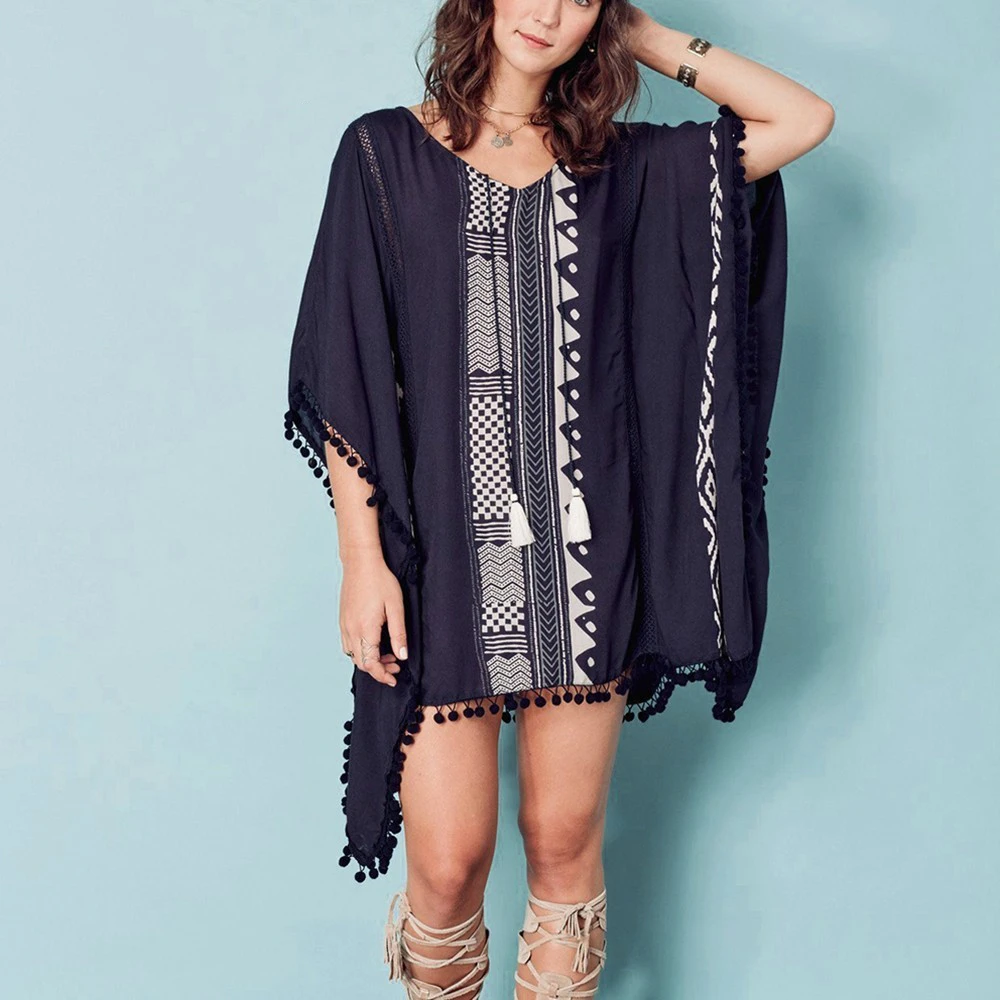 

Bsubseach Geometric Print Tunic Dress Batwing Sleeve Blouse V Neck Top Beach Cover up Rayon Mini Dress Fringe Bikini Cover ups