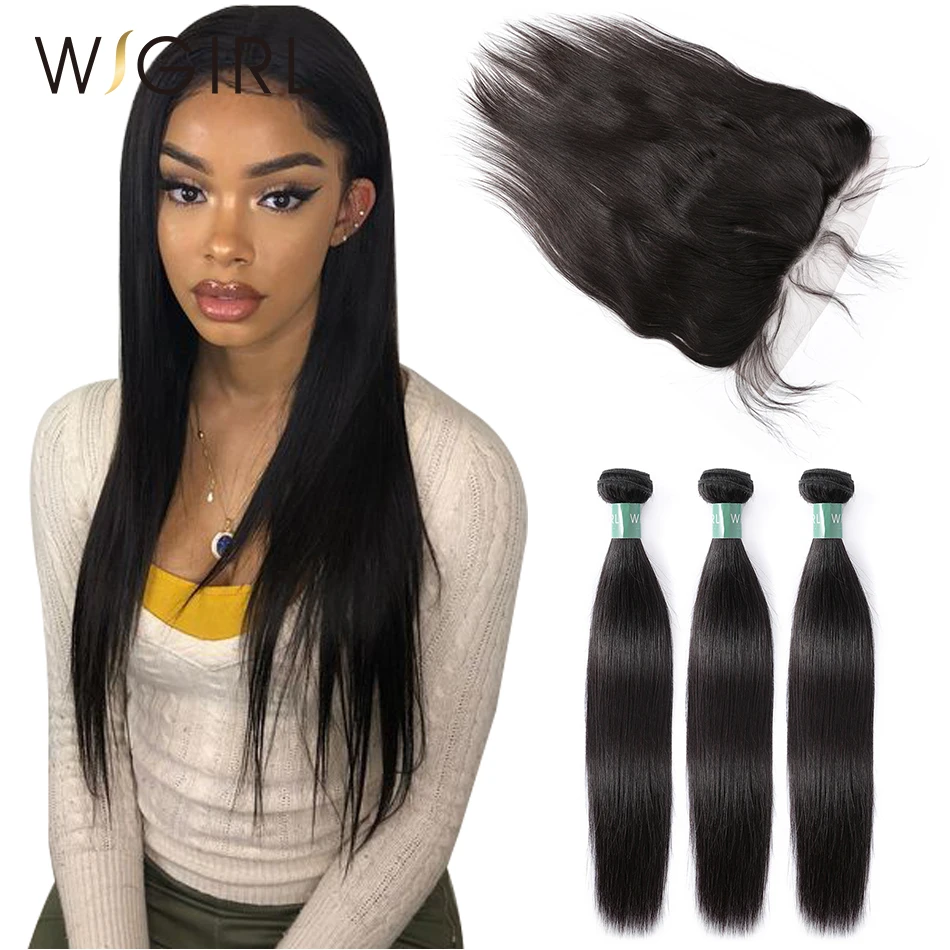 

Wigirl Brazilian Hair Weave Bundles With 13*6 Lace Frontal Closure Raw Virgin Natural Straight 100% Human Hair Extension Weaves