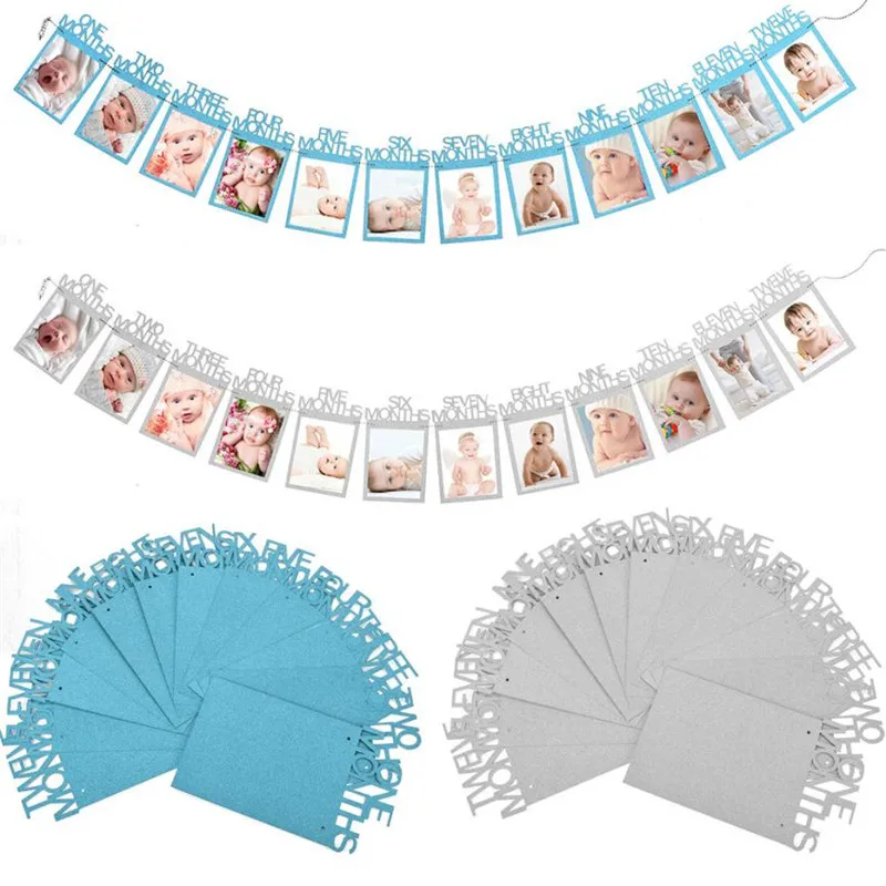 

12pcs Kids Birthday Gift Decorations 1-12 Month Photo banner Frame sticker Bunting Party decor hanging Monthly Photo Wall banner