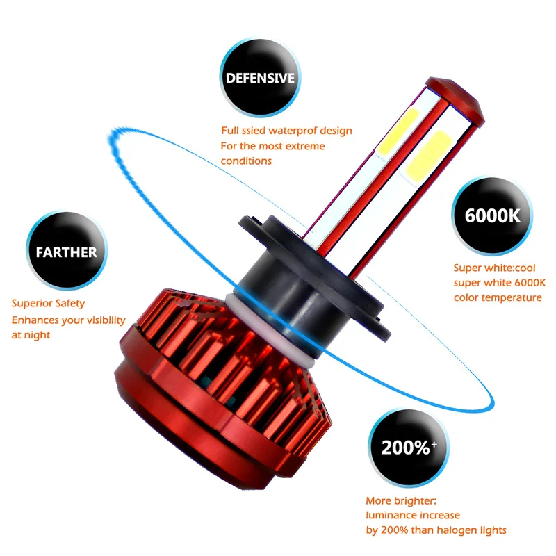 1 шт светодиодный H7 H4 9006 9005 H1 4 стороны автомобиля светодиодный фары 80 W 12000LM 6000 K Яркий лампы бездефектный декодер Корабль из США FR