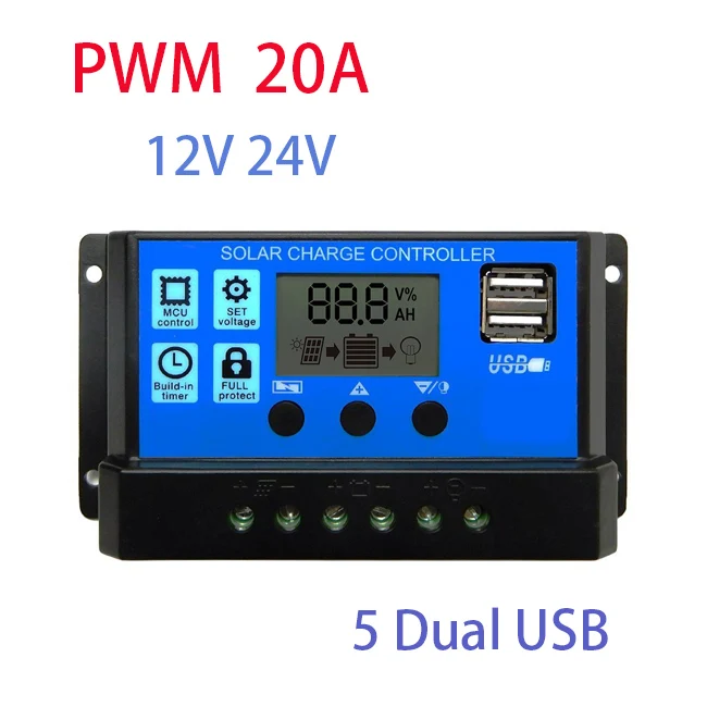 

20A 12V 24V Auto Solar Charger Controller PWM Controllers LCD Display 5V Dual USB Output Solar Regulator Controller