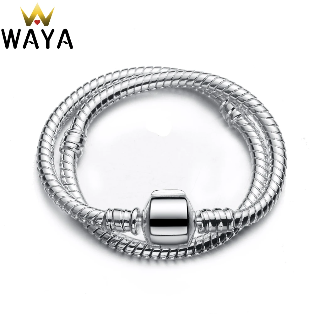 WAYA Silver Color Charm Bracelet Barrel Clasp Bracelets Snake Chain