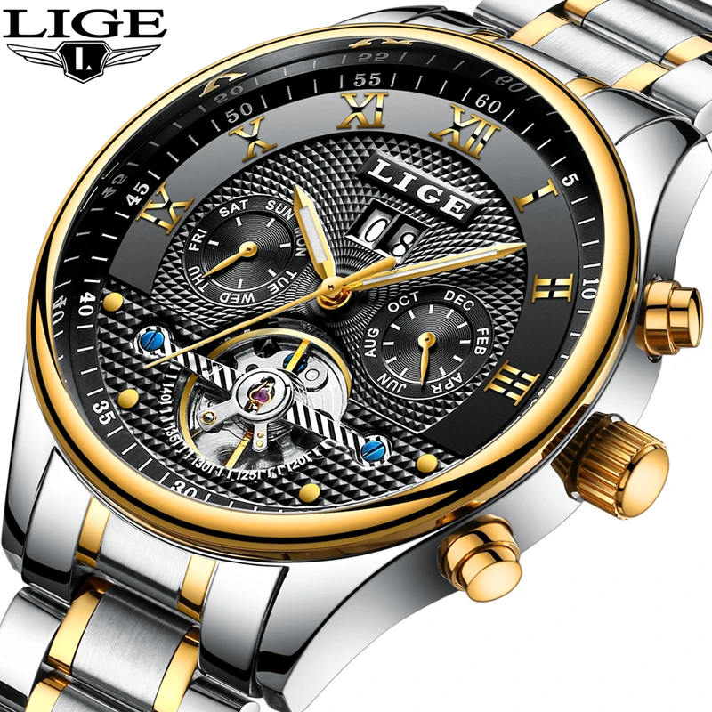 

LIGE Men's Watch Top Luxury Brand Business Fashion Casual Automatic Mechanical Waterproof Leather Sports Watch Relogio Masculino