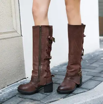 

100% Genuine Leather Spring New Women Dark Blue/Brown Classic Round Toe Buckles 65 mm Rough Heels Zipper Side Knee High Boos