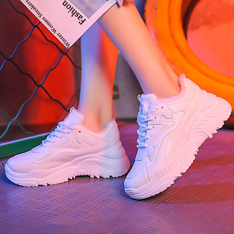 

Women Sneakers 2019 New Fashion PU Leather Casual Shoes Women Winter Lace-Up Flats Platform Warm Plush Fashion Women Shoes