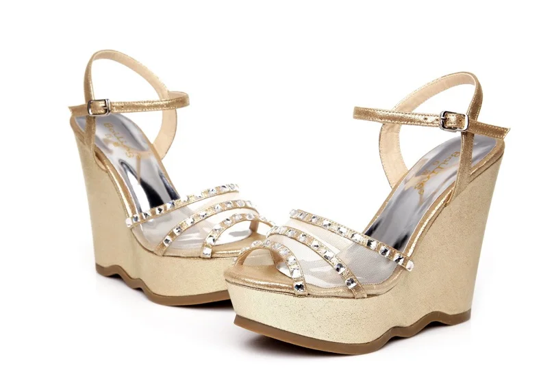 35_2016 Summer Fashion Elegant Footwear Peep Toe Black High Heeled Platform Sandals Silver Diamond Wedges Shoes Women Small Size