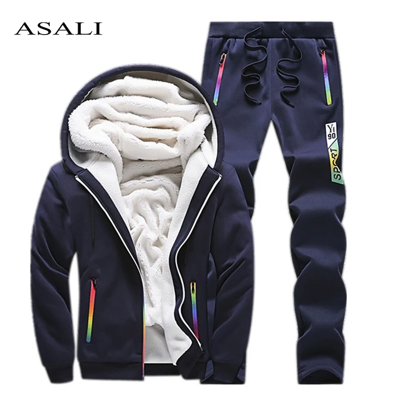 Casual Sweat Suits Men Clothes 2018 Winter Tracksuit Mens Set Two Piece Inner Fleece Thick Hooded Jacket + Pants Man Track Suit
