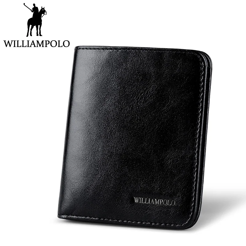 

WilliamPOLO Slim Wallet Men Genuine Leather Mini Purse Small Wallet Short 2018 Hotsale Pouch Black Brown Cowhide Gift