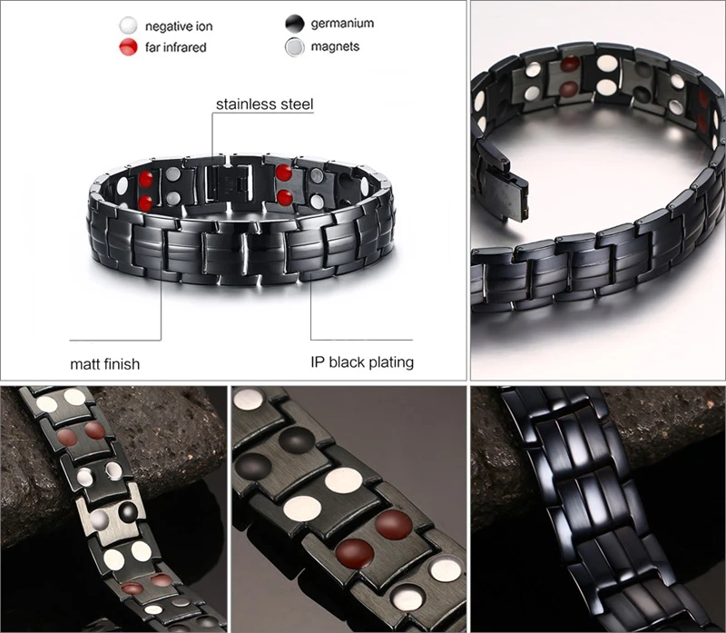 Vinterly, черный браслет, Мужская ручная цепь, энергетический оздоровительный германий, магнитный браслет, мужские браслеты из нержавеющей стали для женщин и мужчин