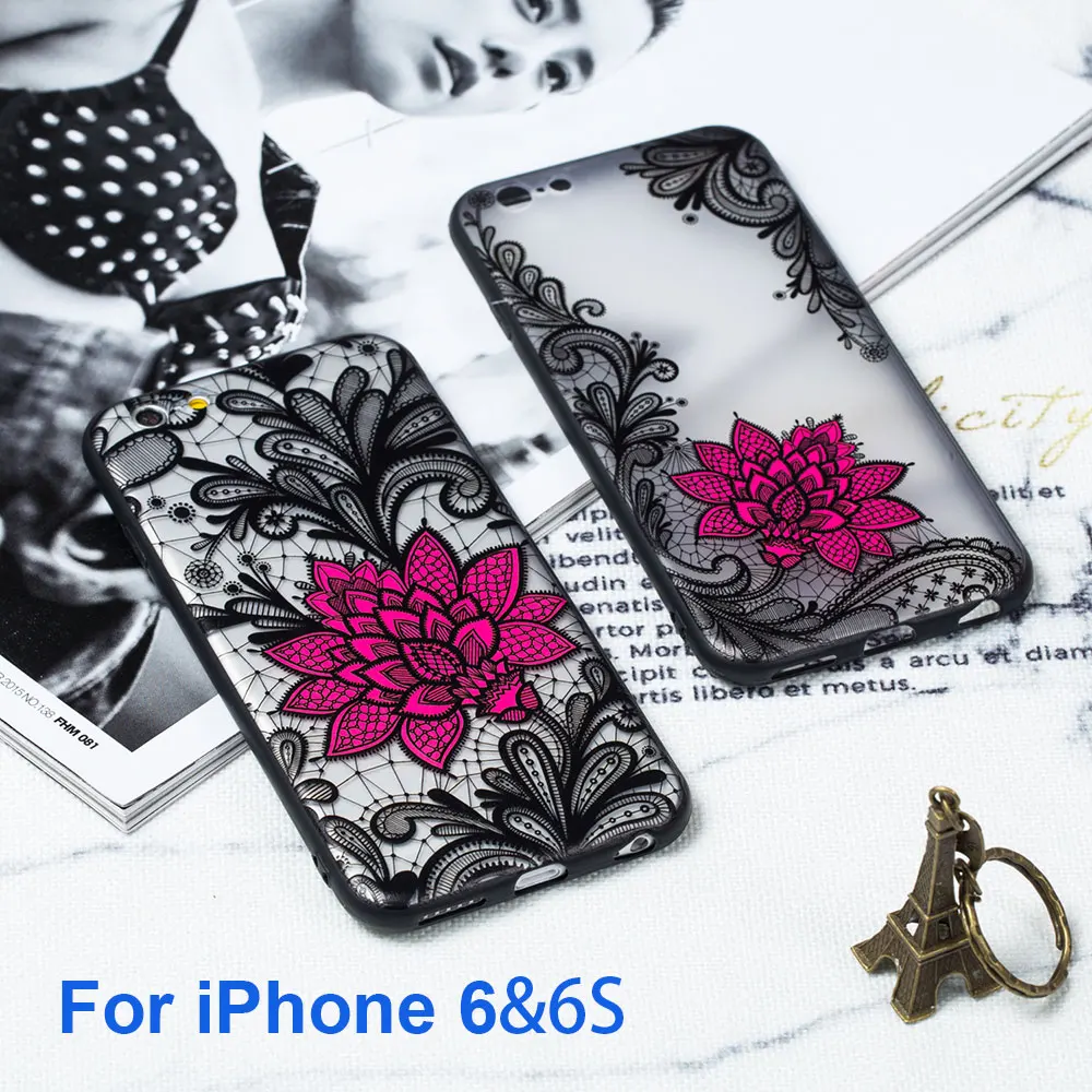 JONSNOW Floral Case for Apple iPhone 7 6 S 6S 8 Plus X Emboss Rose Lace Fashion Phone Protective Back Cover for iPhone 5 5S SE-12