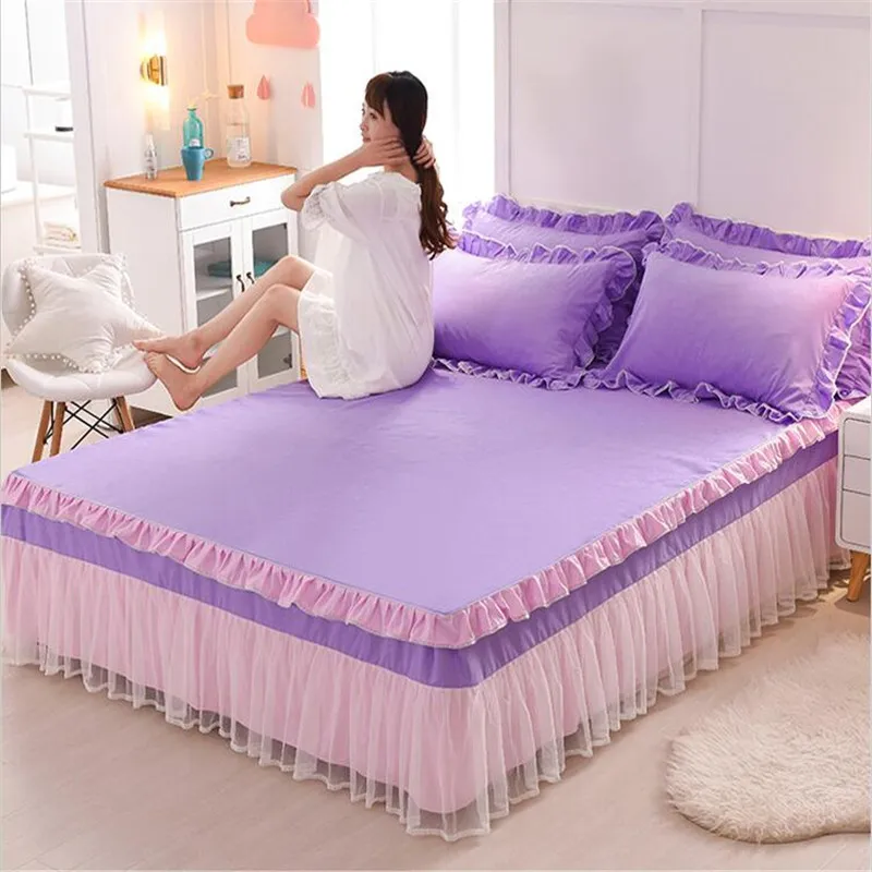 

3pcs lace edging bedspreads set Princess bed coverlet single lace bed mattress cover solid color quality bedskirt free shipping