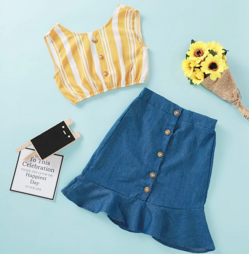 

2PCS Kids Baby Girls Summer Clothes Striped Tops T-shirt Denim Skirt Outfits Summer Clothes Striped Tops T-shirt Denim Skirt Set