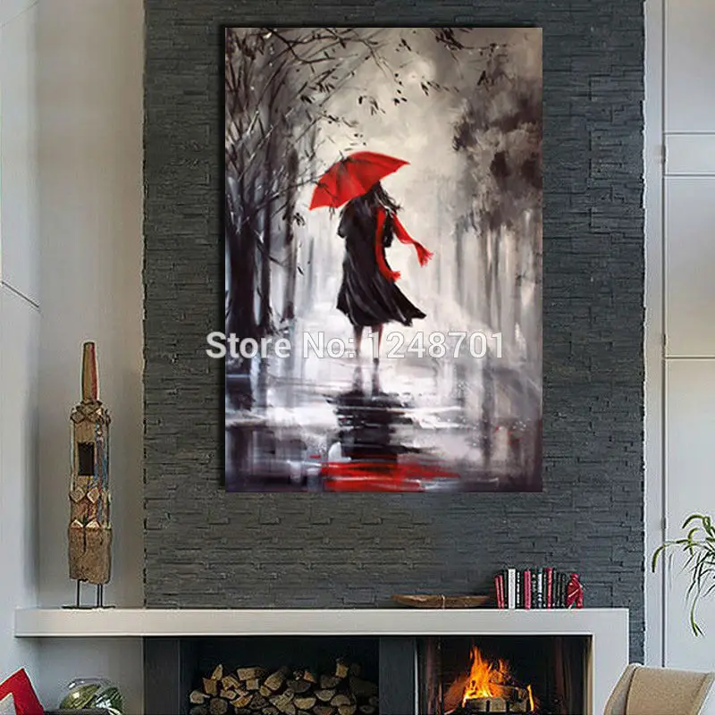 

Hand Painted Rainning Day Landscape Oil Painting Figurative Woman with umbrella Oil Painting On Canvas For Home Decor