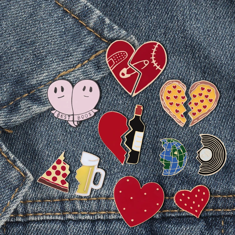 

Personality Creative Fashion Brooches Jewelry Half Heart Pizza BEST Women Cute Enamel Pins Badge Couple Clothes Hat Decoration