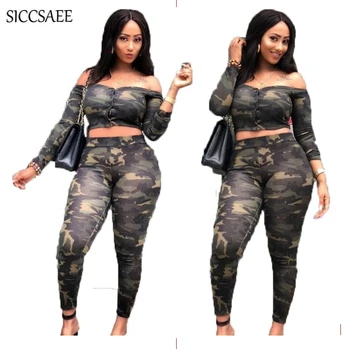 

2018 Fall Army Green Camouflage Print Two Piece Set Slash Neck Off Shoulder Crop Top Button Long Pants Suits Tube Outfits Sexy