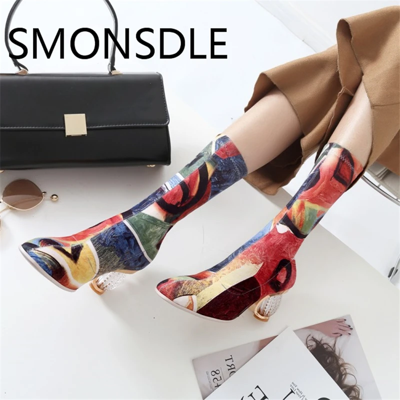 

2018 New Spring Summer Stretch Fabric Women Boots Round Toe Strange Heel Women Shoes Slip On Shoes Woman