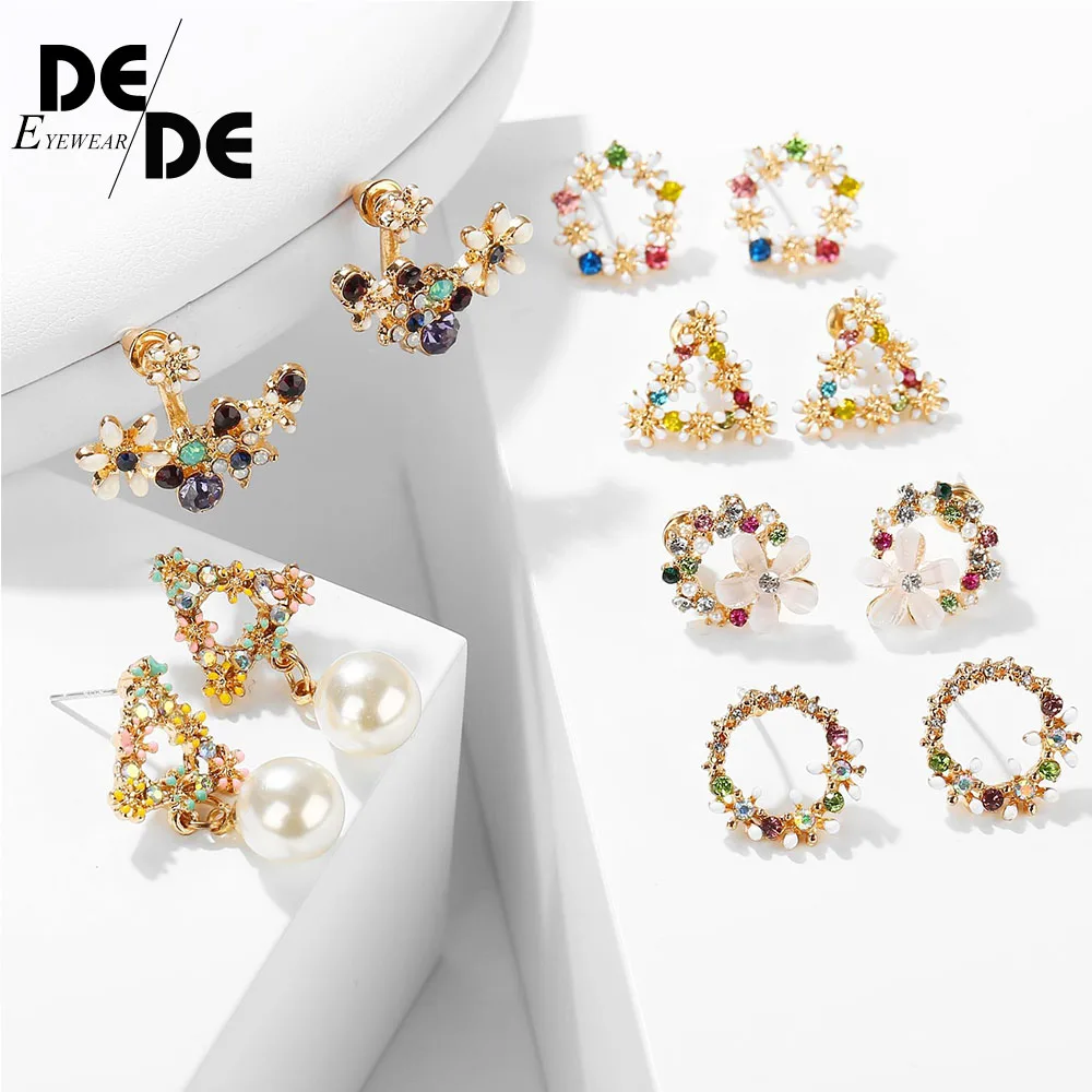 

Korean Cute Flower Earrings For Women Geometric Rhinestone Drip Pearl Stud Earrings Girls Jewelry Christmas Gift Party 2019 New