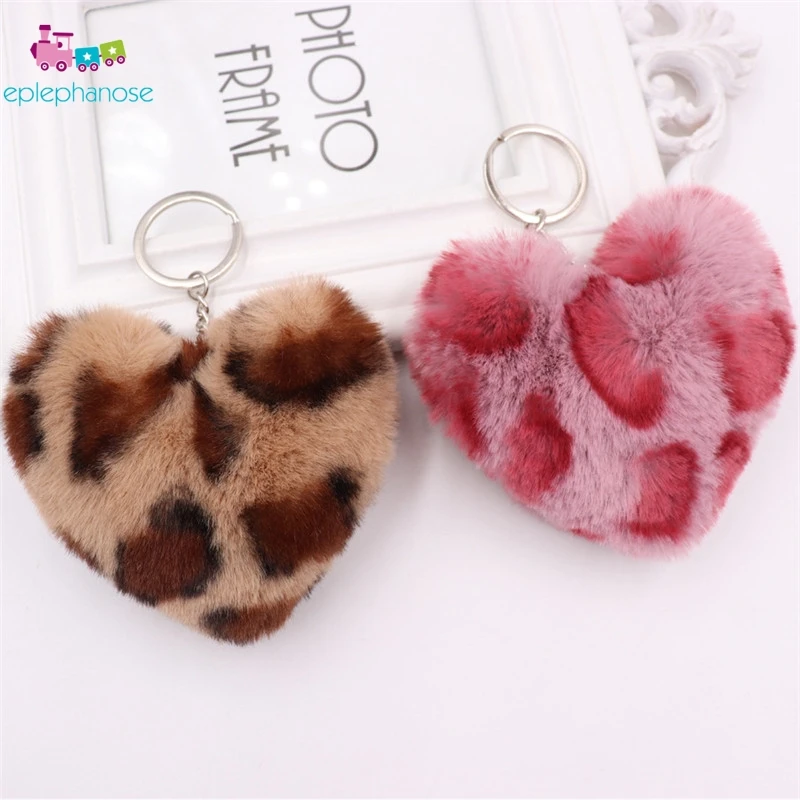 

Plush Leopard Heart KeyChain Car Bag Hang Pendant Stuffed Toys Fluffy Faux Bunny Fur Rabbit hair Pop Pom Toy Keyring for Women