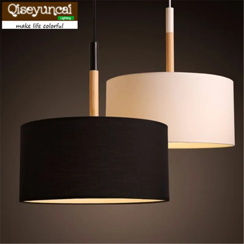

Qiseyuncai Nordic Country Wooden Pendant Light Black White 30/40/50cm Suspension Luminaire Fabric Living Room lighting