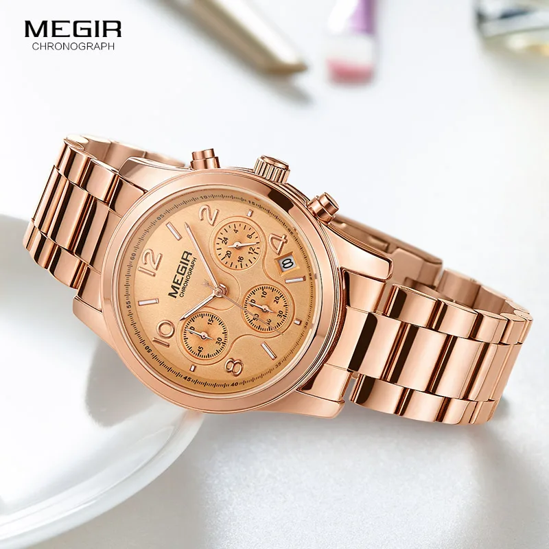 Megir Woman's Chronograph Quartz Watch with Gold Stainless Steel Bracelete 24 Hours Calendar Display Wristwatch for Ladies 2057L