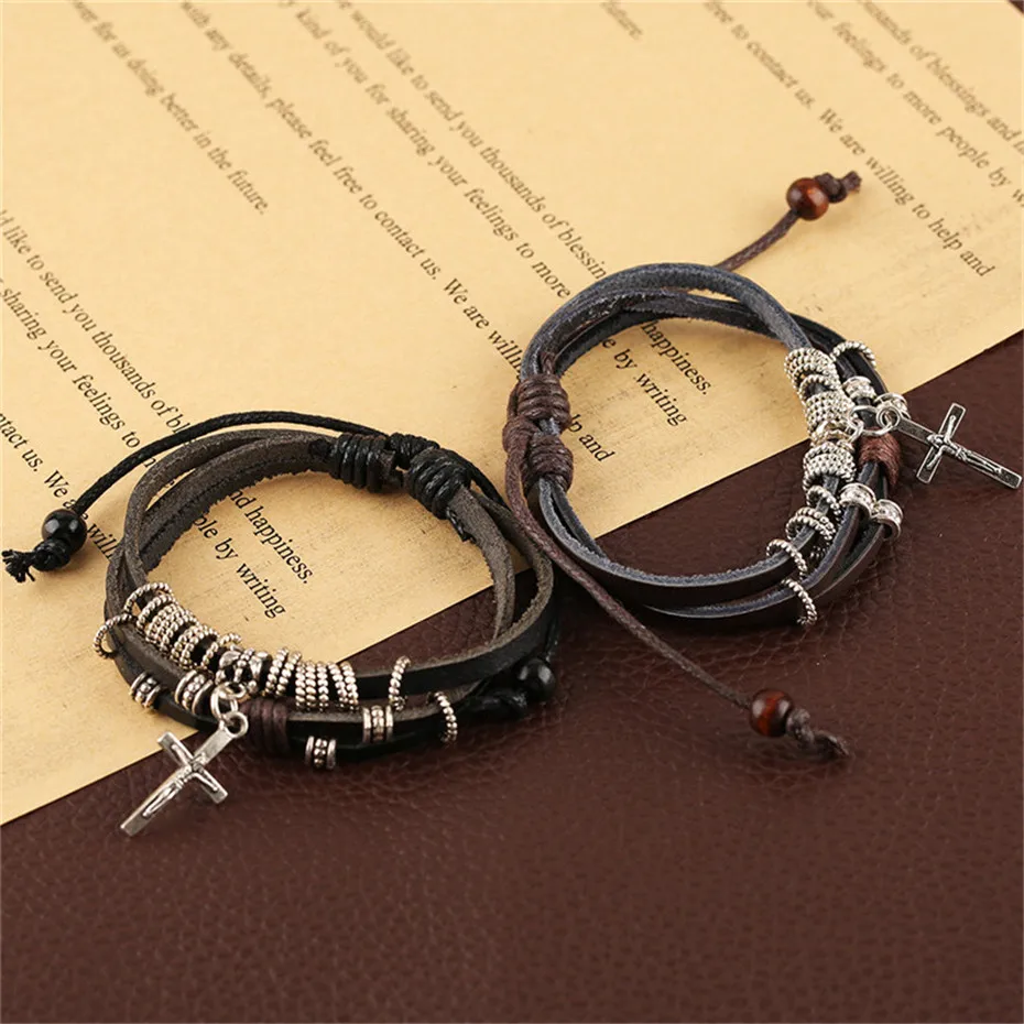 Punk Style Cool Cross Multilayer Women Men Bracelets Vintage Hand-woven Stylish Jewelry Fashion Charm Leather Bangle (4)