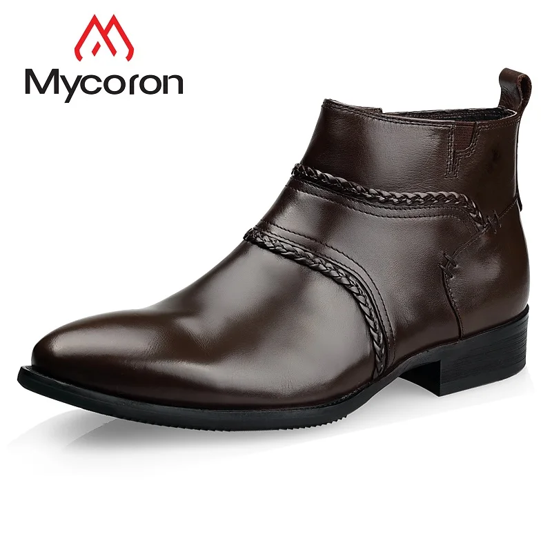 Mycoron Tissé Motif Mens Mode Top Zip Bout Luxe Qualité En Pointu Bottes Main Cheville marron Chaussures De Véritable Martin Cuir Noir Marque D2IEWH9