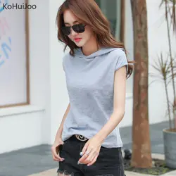 KoHuiJoo хлопковые футболки женские летние с коротким рукавом с капюшоном футболка свободные большие размеры повседневные футболки уличная