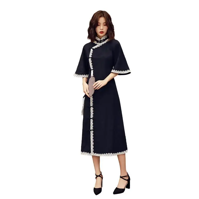 Темно-синий женские весенние Длинные Cheongsam Мода китайский стиль Леди китайский воротник Qipao сексуальные тонкие Вечерние платья Vestido S-3XL - Цвет: Тёмно-синий