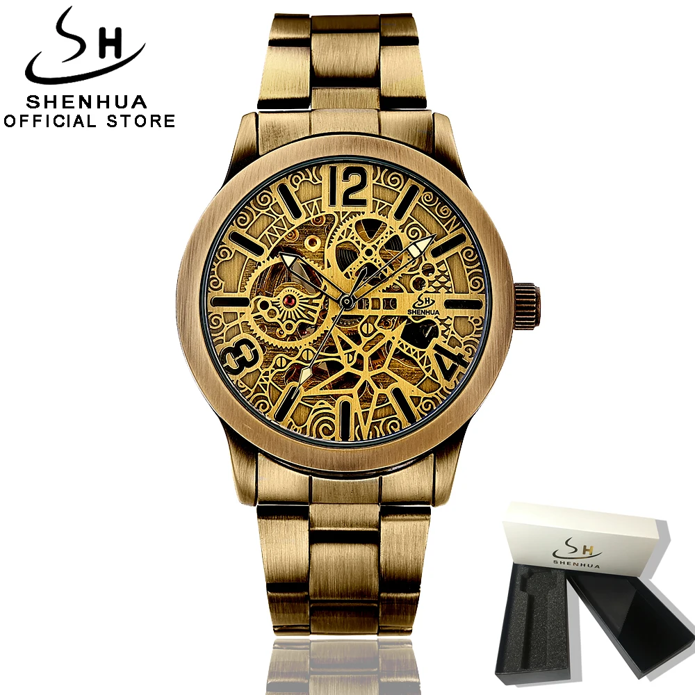 

Shenhua Bronze Skeleton Steampunk Watch Men Clock Automatic Self winding Mens Antique Watch Mechanical Vintage Wrist Watch Man