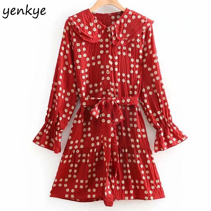 

2019 Women Vintage Peter Pan Collar Polka Dot Dress Lady Long Sleeve A-line With Belt Sweet Mini Summer Dress OZZ9073